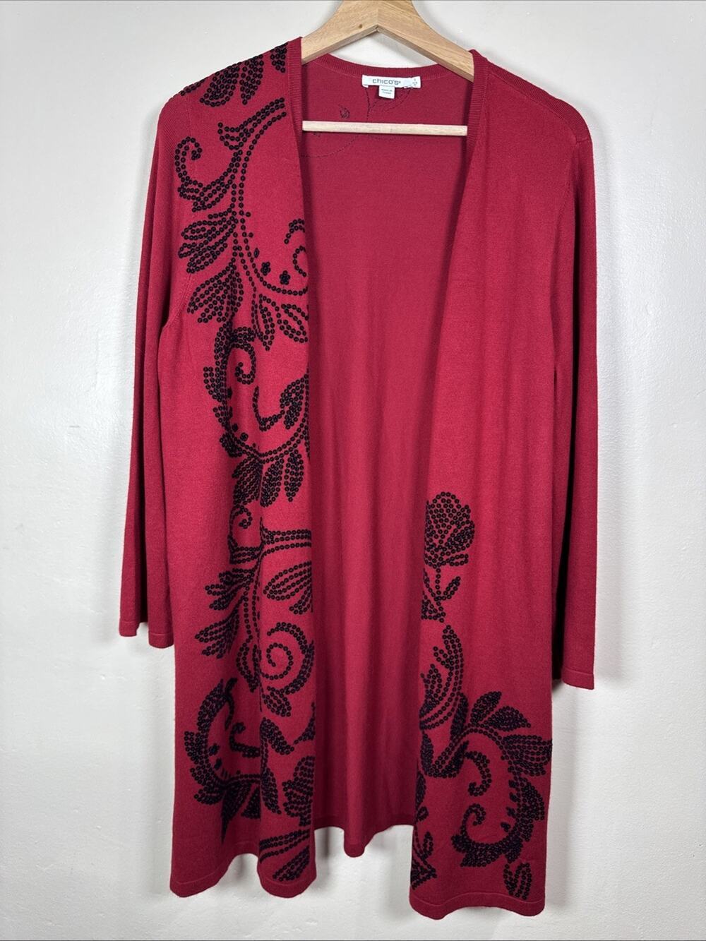 Chicos Womens Cardigan Long Embellished Sequin Floral Red Classic Boho Open M